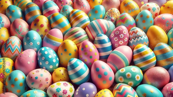 Fototapeta A vibrant collection of colorful Easter eggs with intricate floral and geometric patterns, surrounded by soft lighting and cheerful spring accents.
