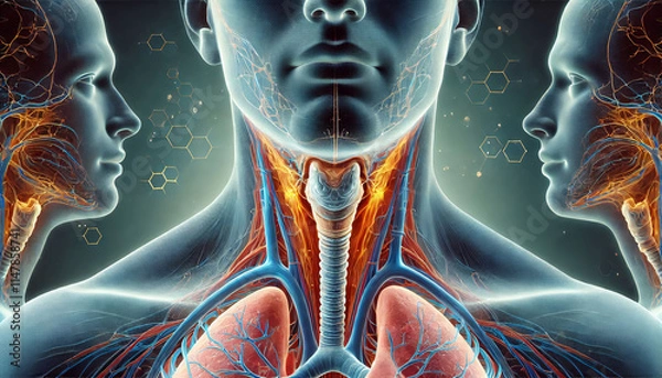 Fototapeta 3D digital illustration of the human throat showing internal structures, including the pharynx and larynx, for healthcare and academic use.