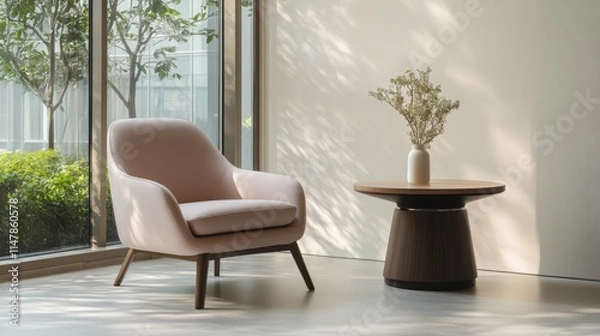 Fototapeta Minimalist modern lounge with clean, spacious design. Featuring sleek furniture and soft colors