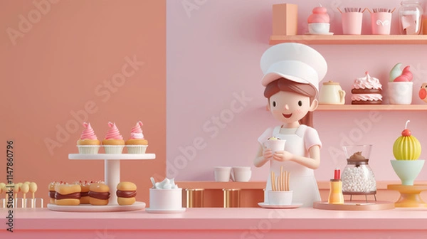 Fototapeta Charming Bakery Illustration with Cute Baker Character, Pastries, and Desserts in a Pink Pastel Setting