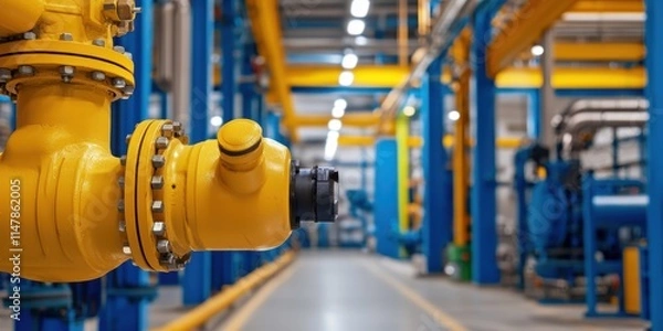 Fototapeta A vibrant industrial setting featuring a yellow valve with blue piping and machinery in the background, highlighting a well-organized manufacturing environment.