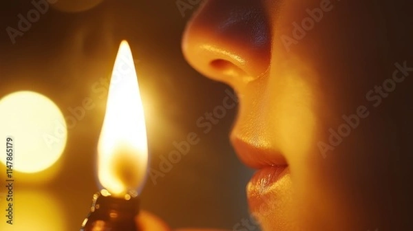Fototapeta A close-up of a person's face with a lit lighter, highlighting the glow of the flame and soft facial features in a dimly lit environment.