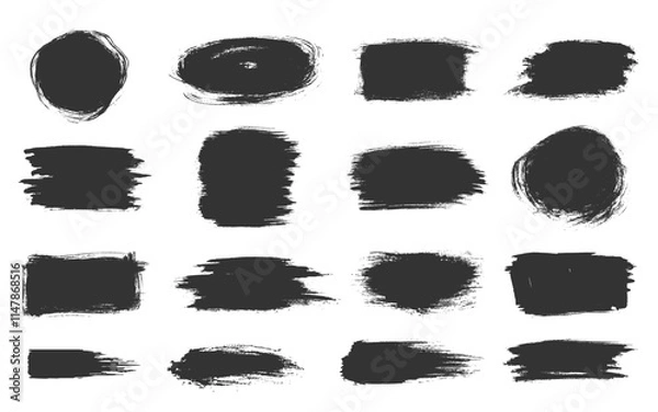 Obraz Black ink brush strokes set. Various shapes grunge rectangles circles irregular forms. Rough paint edges textured surfaces uneven patterns bold smears. Dynamic lines messy smudges sharp raw details