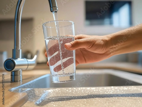Obraz una mano de un hombre llenando un vaso de cristal con agua de una grifo en una cocina. beber agua del grifo. agua corriente en el hogar. 