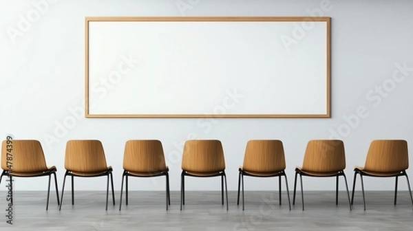 Fototapeta Minimalistic room with chairs facing an empty whiteboard. Perfect for presentations, meetings, and educational settings.