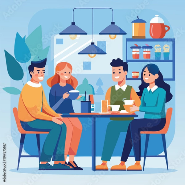 Obraz Friends are sitting at a table in a summer cafe. Vector illustration in a flat style