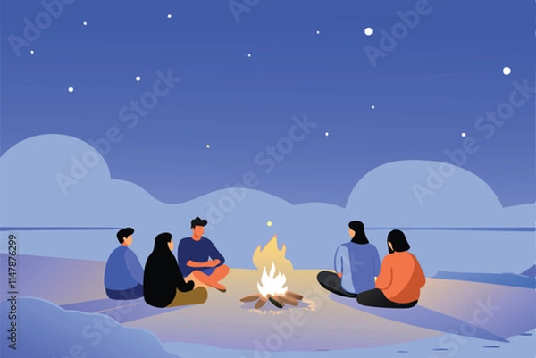 Fototapeta A group of friends laughing and sharing stories around a crackling campfire on a serene beach at sunset.