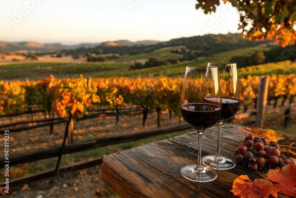 Fototapeta Two glasses of red wine standing on wooden table at sunset in autumn vineyard