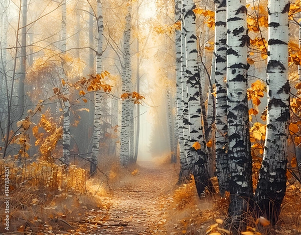 Obraz Jesienny brzozowy las z wąską, malowniczą ścieżką, otoczony złotymi liśćmi i mglistą atmosferą poranka.