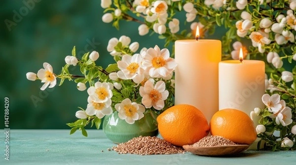 Fototapeta Altar for the language holiday of Imbolc features symbols of renewal and growth such as fresh flowers, candles representing the returning light, and seeds ready to be planted for the upcoming season