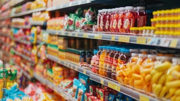 Fototapeta Colorful supermarket aisle filled with beverage bottles