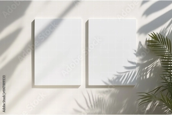 Fototapeta Empty Vertical Sheets Displaying Unique Texture with Natural Shadows from Tropical Plants on Light Background