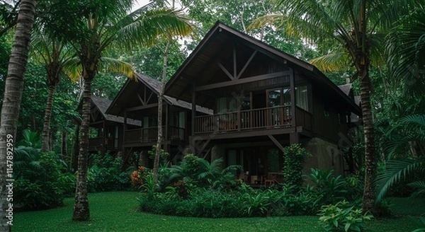 Fototapeta Lush Tropical Getaway Wooden Cabanas in Palm Forest