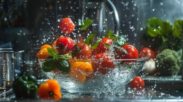 Fototapeta Fresh Fruits and Vegetables Being Washed with Water