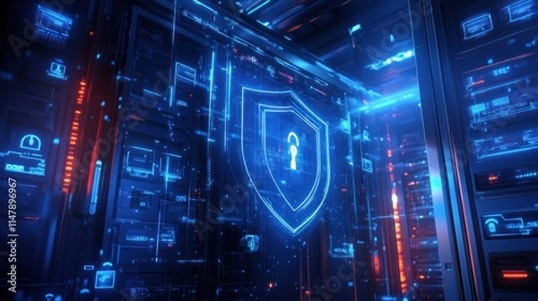 Obraz Cybersecurity Data Center Protection Digital Shield Network Server Room