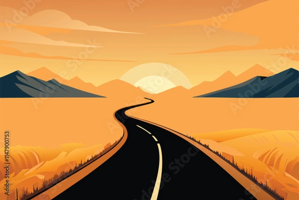 Fototapeta A winding country road cuts through vast, sunlit golden wheat fields, leading towards a distant horizon.  Capture the idyllic rural scene at golden hour.