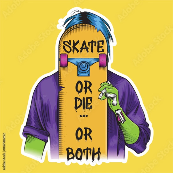 Fototapeta illustration of colorful zombie skateboarder hiding his face with his skateboard, written skate or die... or both, with white sticker border