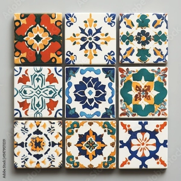 Fototapeta A set of nine tiles with different designs. The tiles are arranged in a square. The tiles are colorful and have various patterns