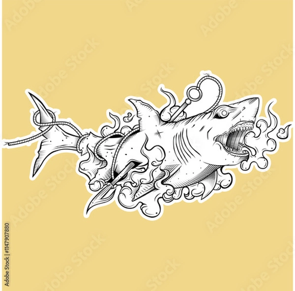Fototapeta Detailed illustration of shark being pierced with harpoon and blood spreading underwater, just outline with white sticker border