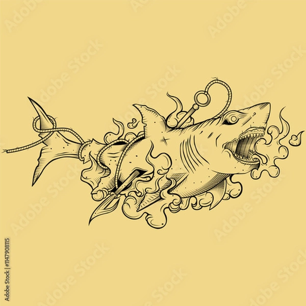Fototapeta Detailed illustration of a shark being pierced with a harpoon and the blood spreading underwater, outline only