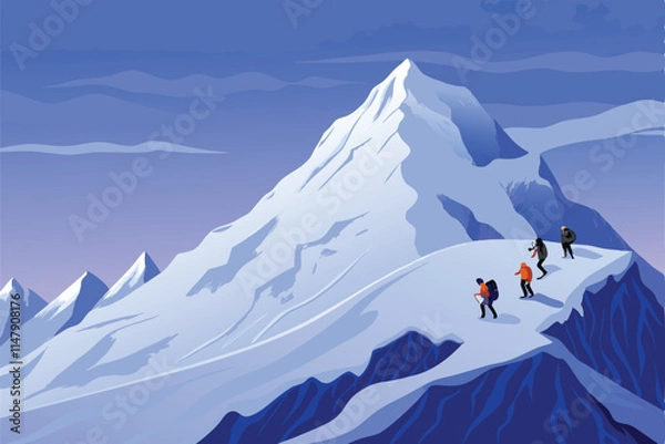 Fototapeta A breathtaking panoramic view of a snow-capped mountain peak, with a team of climbers ascending, using ropes and ice axes, against a vibrant blue sky.
