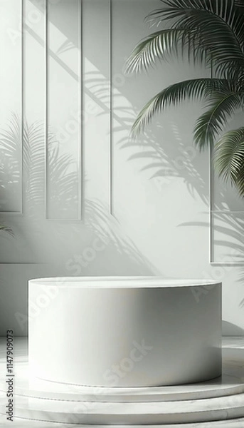 Fototapeta blank minimal white counter podium, soft beautiful dappled sunlight
