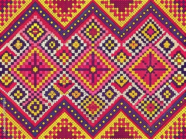 Fototapeta Ethnic Embroidery Pattern Design for Textiles and Carpets - Pink Yellow Geometric