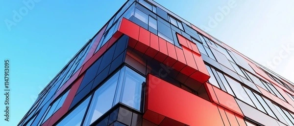 Obraz A vibrant contrast of red and blue dominates this image of a contemporary office building. The glass facade reflects the sky, creating a dynamic interplay of colors and light.