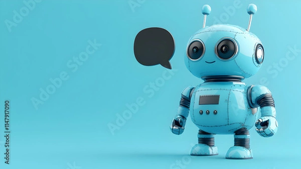 Fototapeta Cute Blue Robot with Speech Bubble; Digital Illustration of Friendly AI