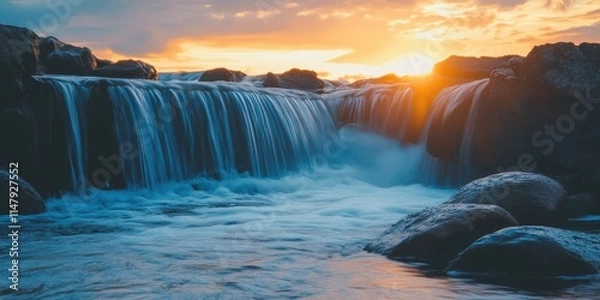 Fototapeta A waterfall with a sun shining on it. The water is blue. The rocks are grey. The sun is in the sky