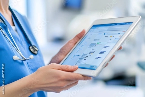 Fototapeta A healthcare professional is using a tablet to access patient data in a clinical setting, showcasing modern technology in medicine.