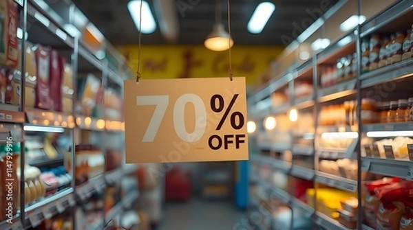 Obraz A warm and soothing professional photograph of a supermarket aisle with a 70% off discount sign, lit by soft candlelight_x4. Soft pastel colors and warm candlelight glow create a gentle atmosphere.