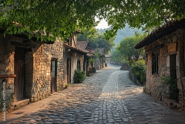 Fototapeta Stone street in a quaint village, sunlight filtering through trees.