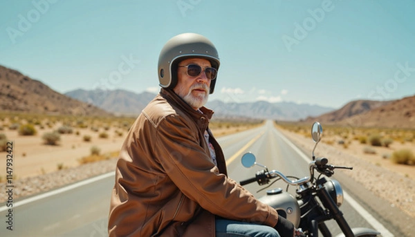 Fototapeta Biker grandfather enjoying a sunny ride on an open road surrounded by mountains and desert landscape