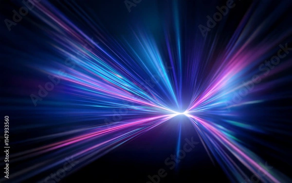 Fototapeta Abstract streaks of blue and pink light converge into a bright, white center on a dark background.