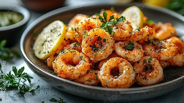 Fototapeta Plate of golden fried calamari with lemon slices, isolated on a light gray background
