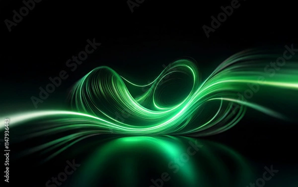 Fototapeta Abstract glowing green light waves on a dark background.