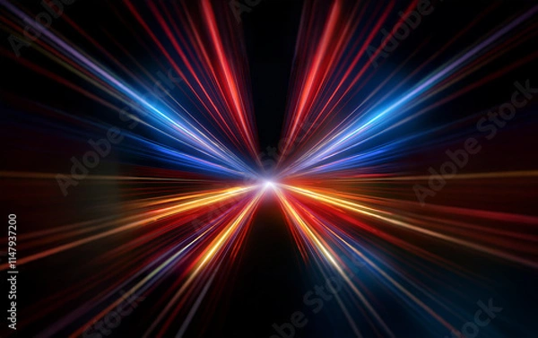 Fototapeta Abstract symmetrical light streaks in red, blue, and orange, radiating from a central point against a black background.