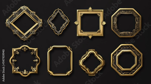 Fototapeta Ui game frames, gold textured round, square and hexagon borders with ornate rims and decor. Cartoon isolated graphic design gui elements for medieval rpg game or app, Vector illustration, set