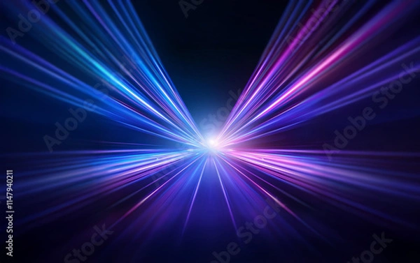 Fototapeta Abstract streaks of blue and purple light converge in the center of the image, creating a sense of motion and speed.