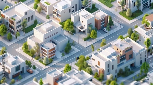 Obraz A harmonious urban environment with a balance of modern homes, industrial buildings, and commercial spaces in isometric 3D rendering