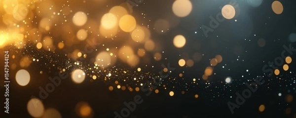 Fototapeta A grainy, blurred background of sparkling gold and silver lights on a black canvas a soft glow effect, giving them a bokeh-like appearance