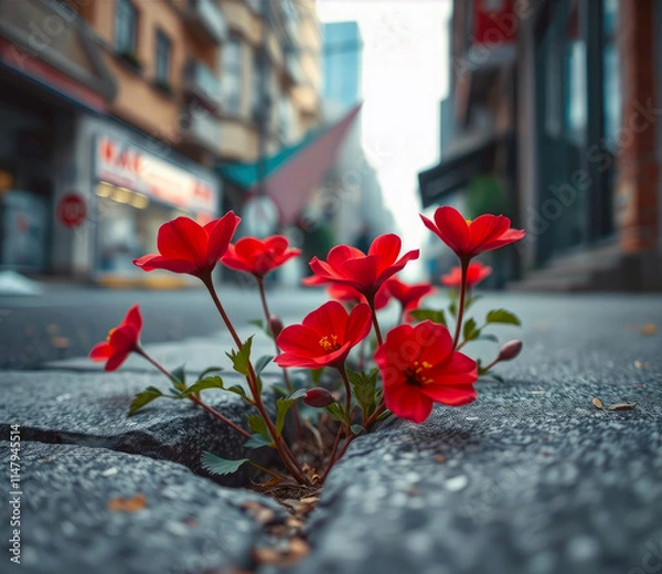 Fototapeta Urban setting from a low angle with small red flowers growing through a crack in the sidewalk with blurred street and buildings in the background