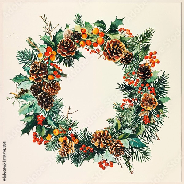 Obraz Decorative wreath made from pine cones, holly, and berries for seasonal festivities