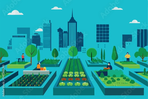 Fototapeta Show vibrant urban rooftop gardens thriving, showcasing diverse vegetables and fruits, highlighting community involvement in food security initiatives.