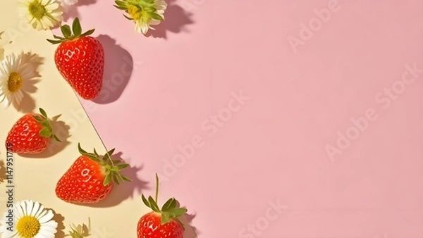 Obraz Fresh strawberries and daisies on a soft - colored background.
Uses: kitchen decor, blog background, book cover.