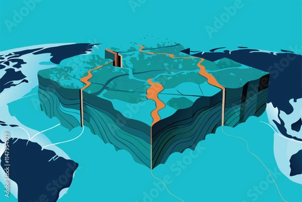 Fototapeta Illustrate the dynamic underwater process of oceanic tectonic plate movement, showcasing subduction and ridge formation.  Detail the geological features.