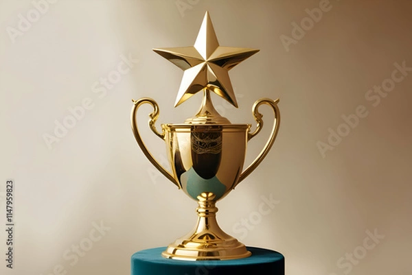 Obraz The image shows a gleaming gold trophy with a star on top. It's standing tall on a dark blue or green velvet base.
