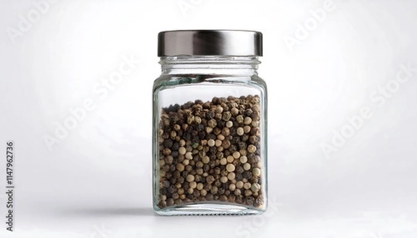 Fototapeta A glass jar filled with whole peppercorns is displayed against a white background