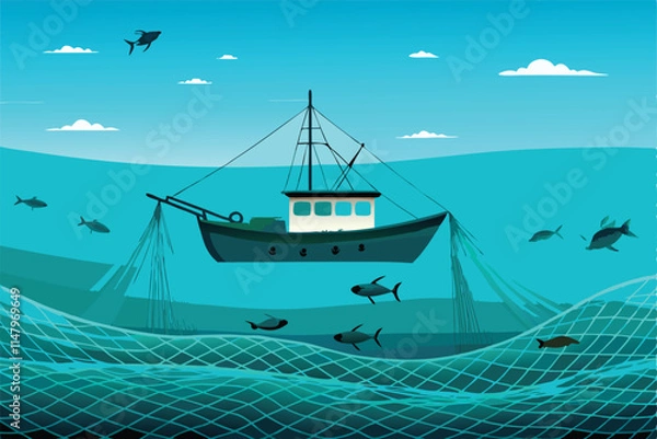 Fototapeta Depict a modern fishing boat employing sustainable, renewable fishing practices; focus on eco-friendly gear and minimal bycatch.